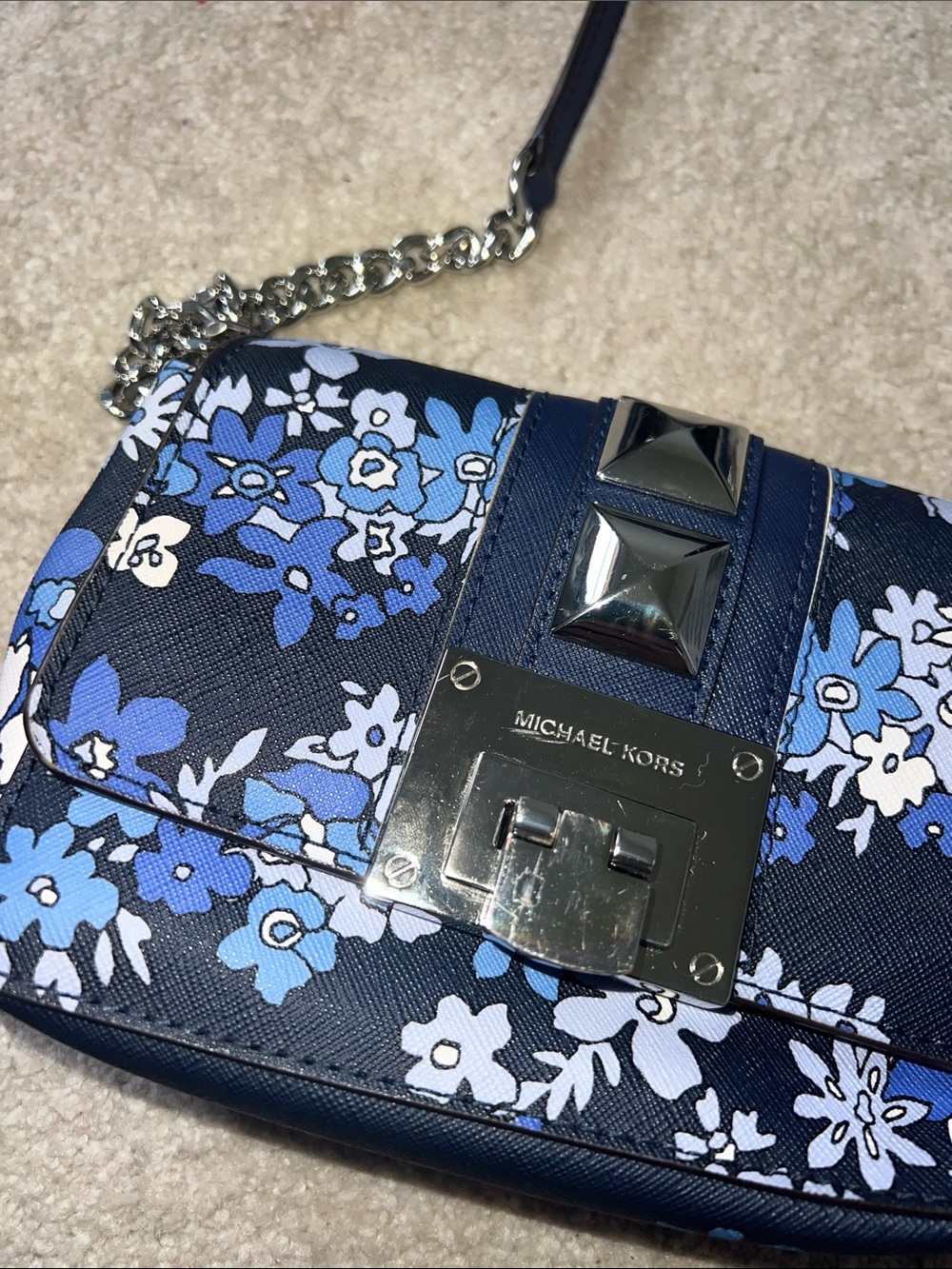 Michael Kors Navy Floral Shoulder Bag with Gold Hardware - Picture 15 of 15